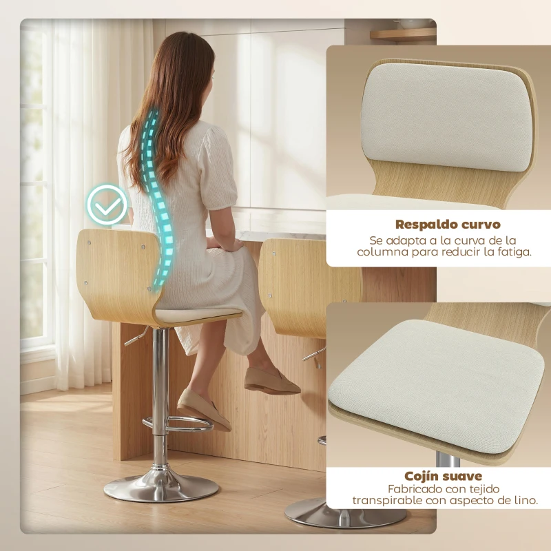 HOMCOM Juego de 2 Taburetes Altos de Cocina Giratorios en 360° Regulables en Altura de 81-102 cm Tapizados en Lino Beige