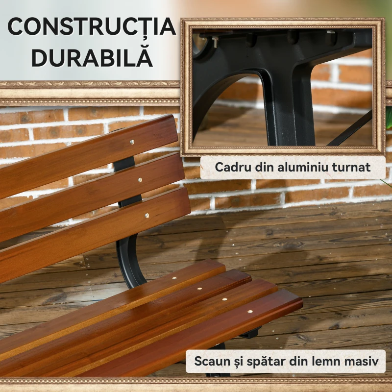 Outsunny Bancă cu 2 locuri, pentru grădină și terasă, fontă de aluminiu + lemn natural, 120 x 57 x 70 cm, Maro