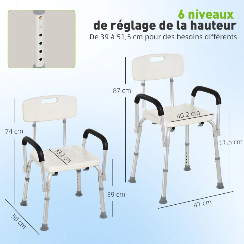 HOMCOM Chaise de Douche siège de Douche Ergonomique Hauteur réglable Pieds antidérapants Dossier accoudoirs Amovibles Charge Max. 136 Kg alu HDPE Blanc