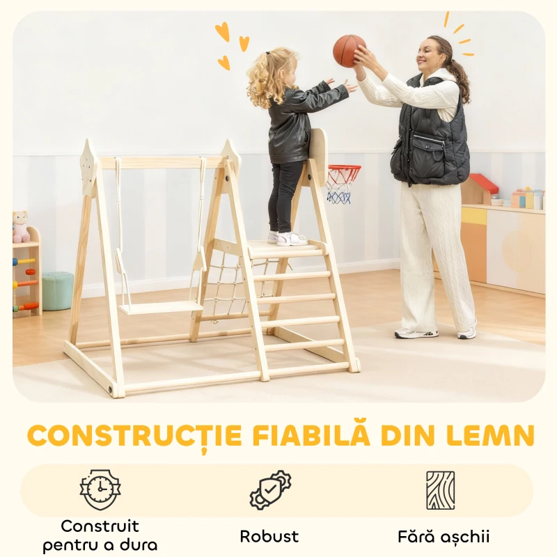 AIYAPLAY Set de Cățărare 5 în 1 cu Tobogan, 2 Pereți de Cățărare, Leagăn și Coș de Baschet, din Lemn, 140x172.5x116.5 cm