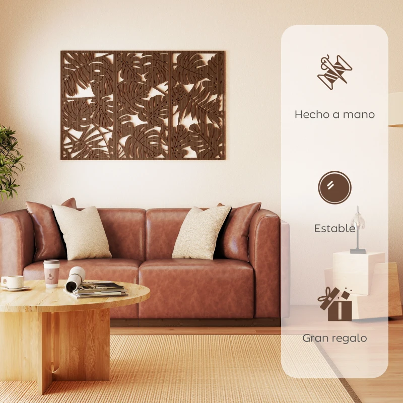 HOMCOM Decoración de Pared de Madera 3D 3 Piezas 40x80 cm Adornos de Pared con Patrón de Hojas Tropicales Nogal