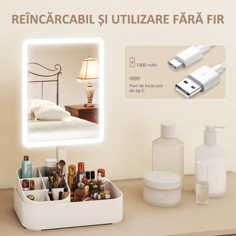 HOMCOM Oglindă de Machiaj cu Lumină, Reîncărcabilă cu Ecran Touch, 2 Moduri de Iluminare și Rotire 180°, Alb