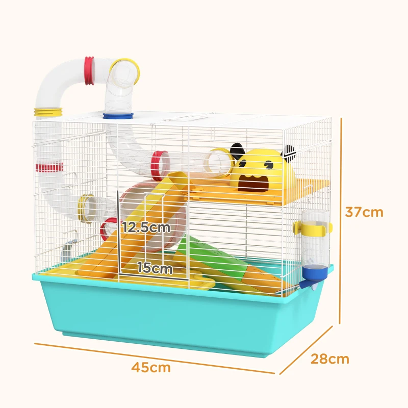 PawHut Cușcă pentru Hamsteri cu Roată, Căsuță, Bol, Rampe și Recipient Apă, Cușcă pentru Gerbili din Oțel, PS și PP, 45x28x37 cm, Alb și Albastru