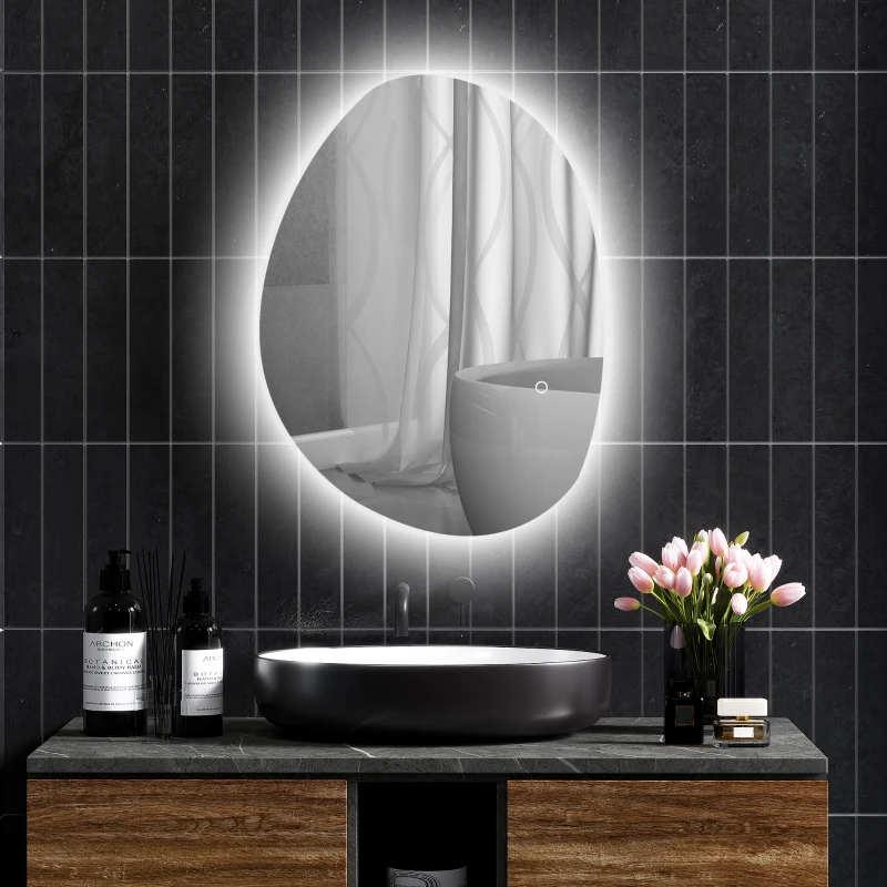 HOMCOM Miroir de Salle de Bain Asymétrique LED 70 x 50 cm - 3 couleurs, anti-buée, montage mural avec interrupteur tactile
