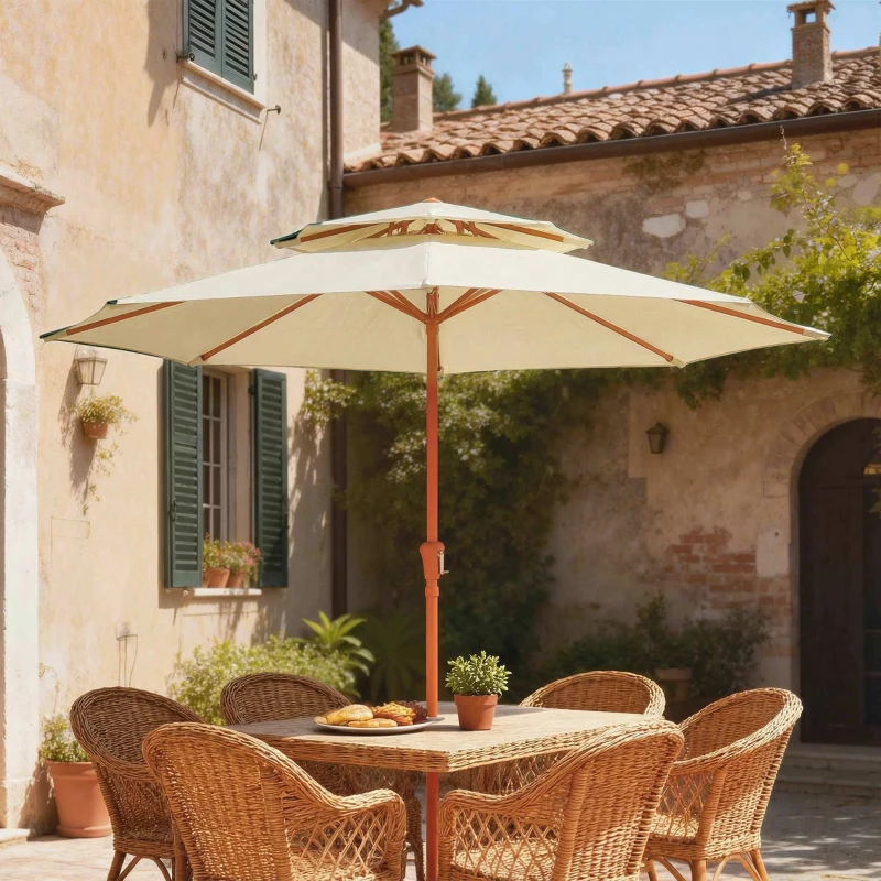 Outsunny Patio Umbrella with Double Top Outdoor Market Table Umbrella with Crank System, 104'' x 104'', Cream White