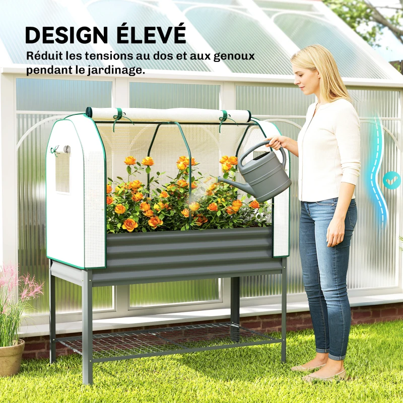 Outsunny Bac de Jardin sur Pieds en Métal avec Serre, Jardinière Surélevée avec Doublure et Étagère Inférieure, Gris Foncé