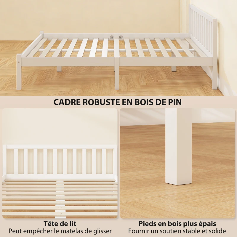 HOMCOM Cadre de lit en bois massif 140x190 cm lit simple avec tête de lit et sommier à lattes solide pour enfants adultes