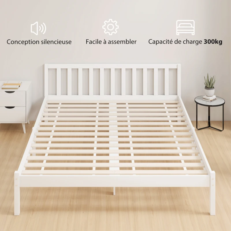 HOMCOM Cadre de lit en bois massif 160x200cm lit simple avec tête de lit et sommier à lattes solide pour enfants adultes