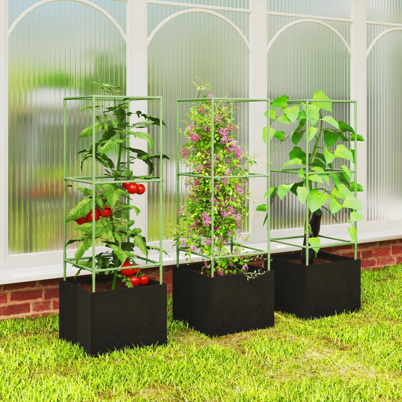 Outsunny Lot de 3 cages à tomates carrées avec sacs de culture de 51,2 L, treillis pour fleurs, légumes, plantes grimpantes, vert