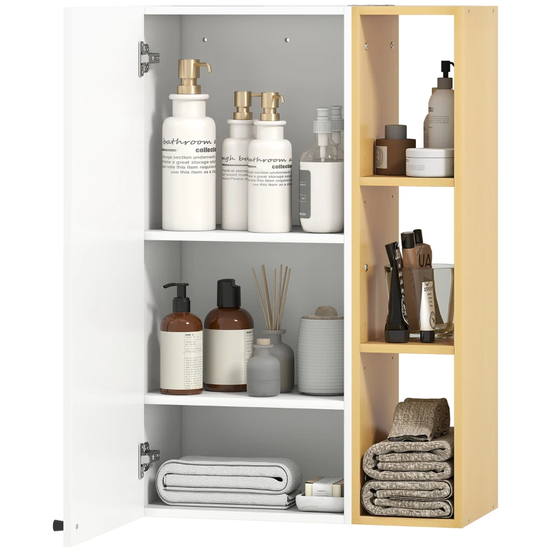 HOMCOM Dulap Baie Montat pe Perete cu Uși Soft Close, Dulap Suspendat cu Rafturi Reglabile și 3 Polițe Deschise, pentru Living sau Hol, 59.5x30x90 cm, Alb și Lemn