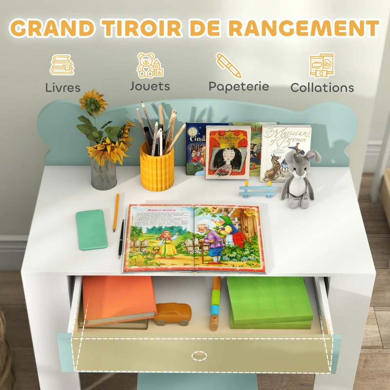 AIYAPLAY Bureau enfant avec chaise, table enfant et chaise avec tiroir et large plateau, 80 x 41 x 74,5 cm, vert