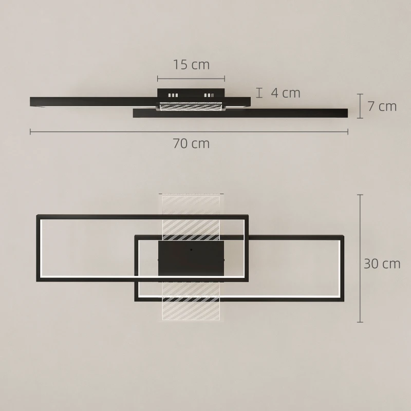 HOMCOM Plafonieră LED Reglabilă cu Telecomandă și Întrerupător, Temperatura Culoare 3000-6000K, Lampă de Design pentru Living și Sufragerie, 70x30 cm, Negru