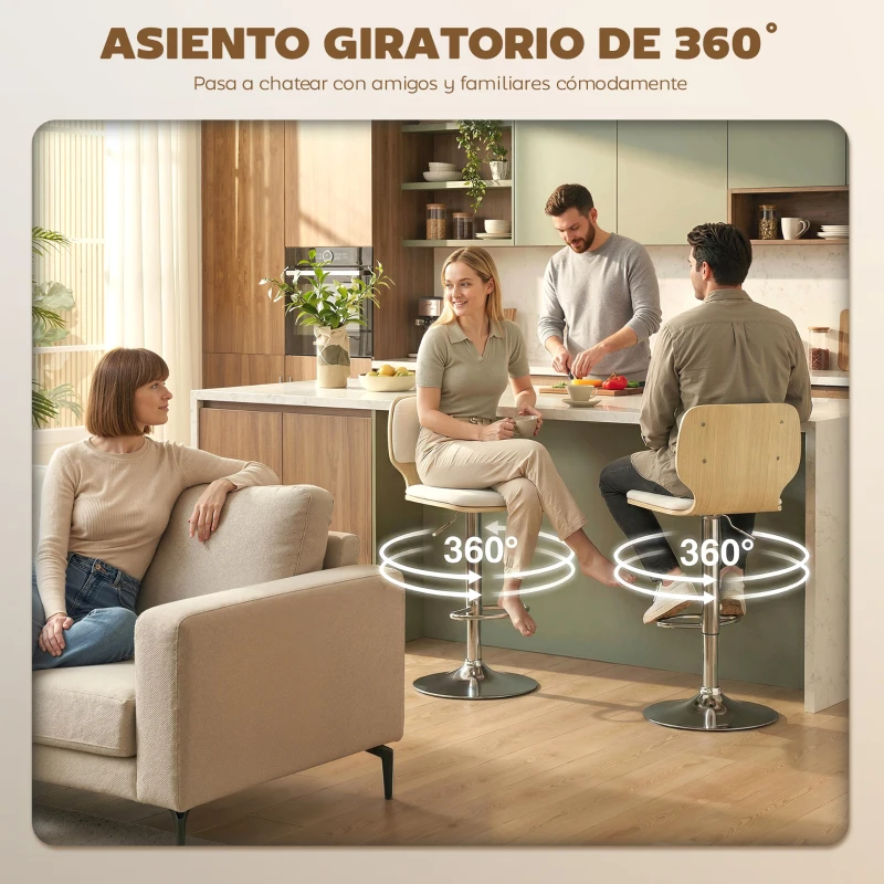 HOMCOM Juego de 2 Taburetes Altos de Cocina Giratorios en 360° Regulables en Altura de 81-102 cm Tapizados en Lino Beige