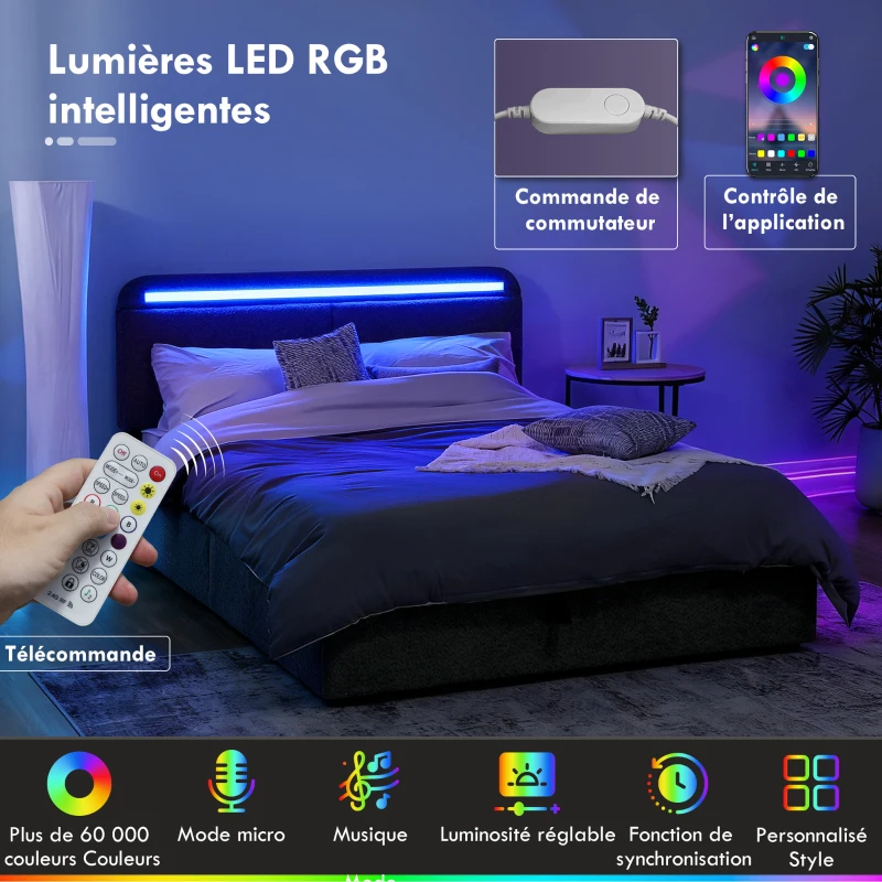 HOMCOM Lit coffre 140 x 190 cm avec éclairage LED, tête de lit réglable, cadre de lit double, sommier à lattes en bois, gris