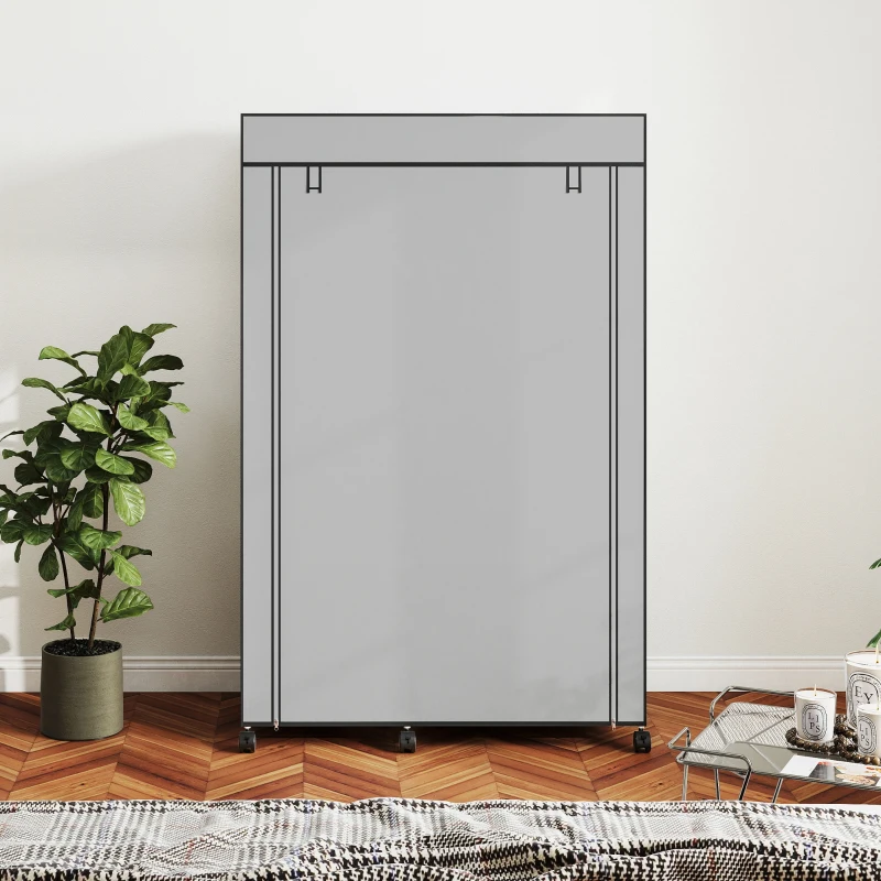 HOMCOM Armoire penderie en tissu meuble de rangement 6 roulettes tringle à vêtements et étagères ouvertes 103x43x162,5cm gris