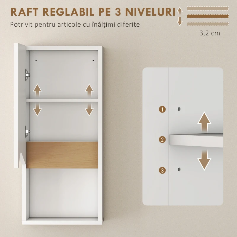 HOMCOM Dulap Suspendat Baie cu Raft Deschis și Dulap Soft Close, Dulap de Perete Multifuncțional, 30x17x67 cm, Alb și Culoarea Lemnului
