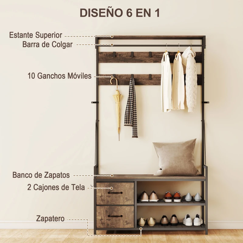 HOMCOM Perchero Zapatero con Zapatero Doble 10 Ganchos Ajustables 2 Cajones y Barra Colgante 100x40x180 cm Marrón Rústico