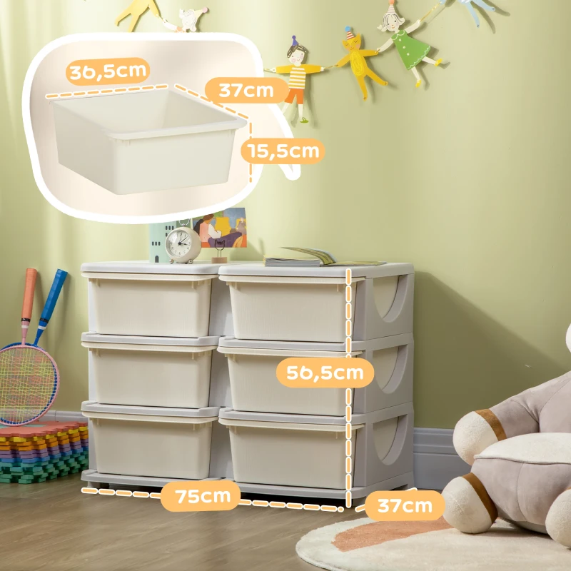 HOMCOM Organisateur de jouets pour enfants à 3 niveaux avec 6 tiroirs, boîtes de rangement en plastique, 75x37x56,5cm, crème