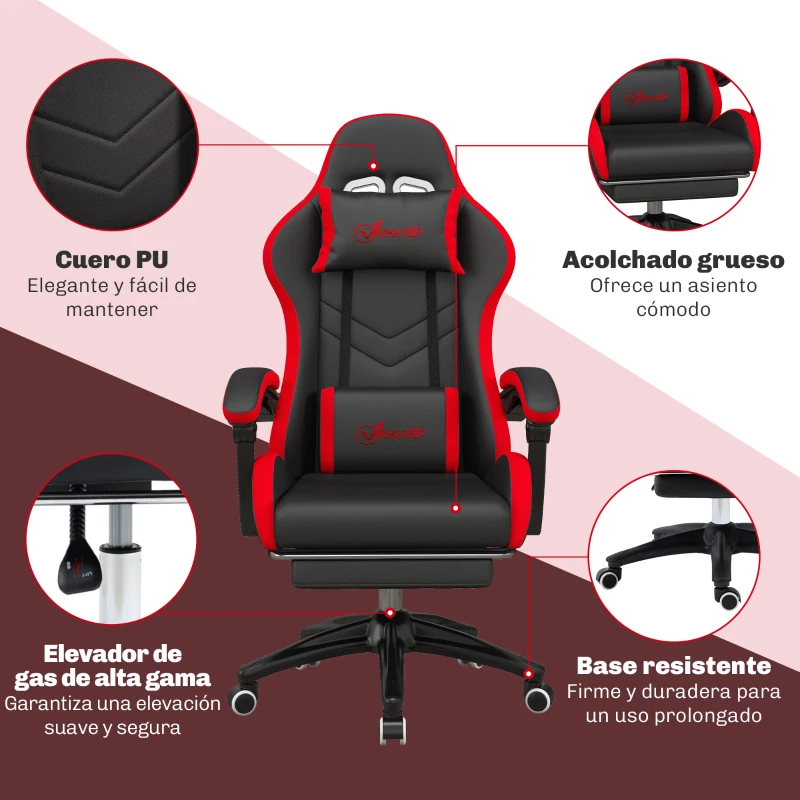 Vinsetto Silla Gaming de Cuero Sintético Reclinable 135° Reposacabezas y Reposapiés 65x65x121-129cm Negro y Rojo