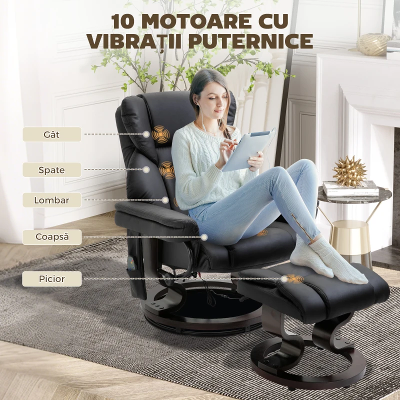 HOMCOM Scaun cu Puf Suport pentru Picioare și Funcție de Masaj, Reclinabil la 145° și Rotativ la 360°, Negru