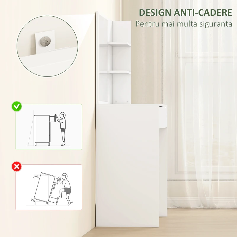 HOMCOM Masă de machiaj cu oglindă, 3 rafturi în colț și sertar, din lemn și sticlă, 75x40x137 cm, Alb