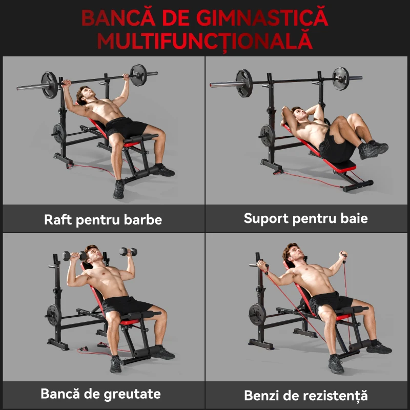 SPORTNOW Bancă Fitness cu Suport pentru Greutăți, Spătar și Șezut Reglabile, Dip Station, Capacitate 420kg