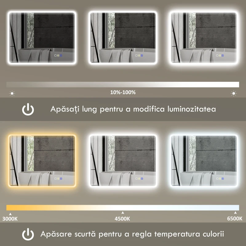 HOMCOM Oglindă de baie LED bluetooth 70 x 90 cm interruptor tactil lumină reglabilă 3 culori anti-abur memorie argintiu