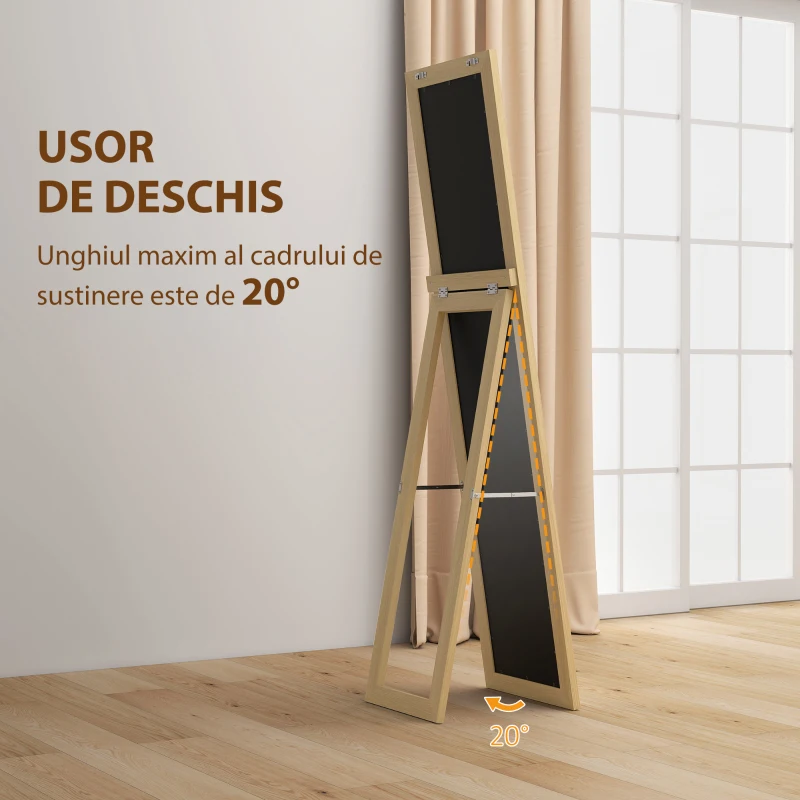 HOMCOM Oglindă cu Ramă din MDF, Picioare și Cârlige pentru Utilizare pe Podea sau pe Perete, 37x40x155 cm, Lemn Natural