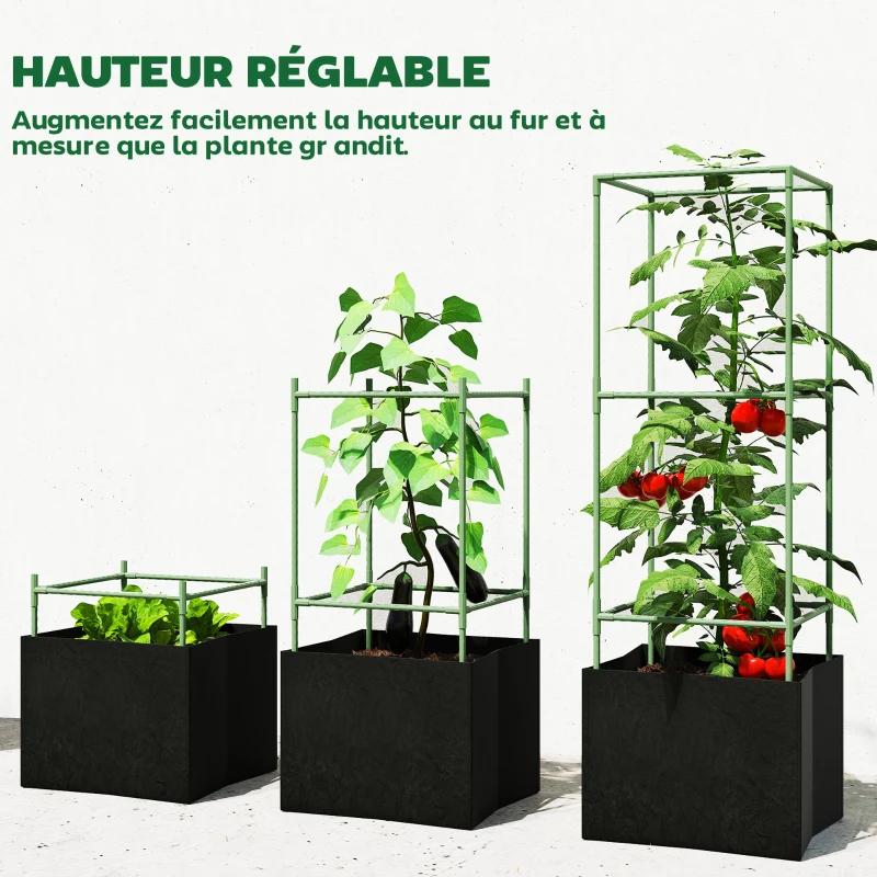 Outsunny Lot de 3 cages à tomates carrées avec sacs de culture de 51,2 L, treillis pour fleurs, légumes, plantes grimpantes, vert