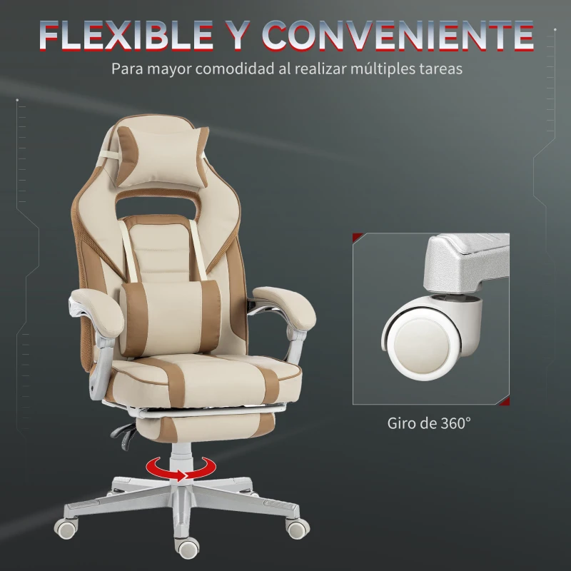 HOMCOM Silla Gamer Reclinable con Altura Ajustable Reposapiés Retráctil Soporte Lumbar y Reposacabezas Desmontable Crema