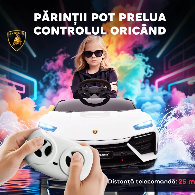 AIYAPLAY Mașină Electrică pentru Copii Licență Lamborghini cu Claxon și Telecomandă, 101.5x49x43 cm, Albă