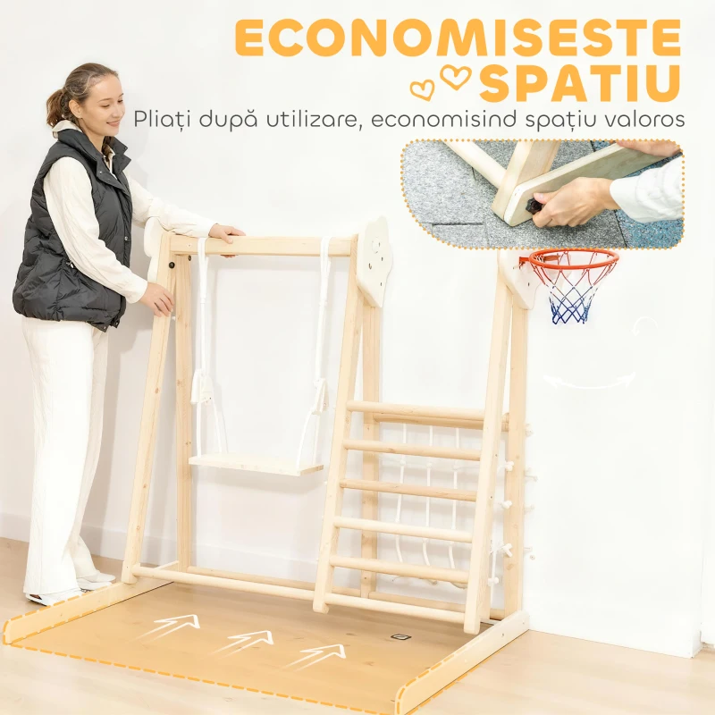 AIYAPLAY Set de Cățărare 5 în 1 cu Tobogan, 2 Pereți de Cățărare, Leagăn și Coș de Baschet, din Lemn, 140x172.5x116.5 cm