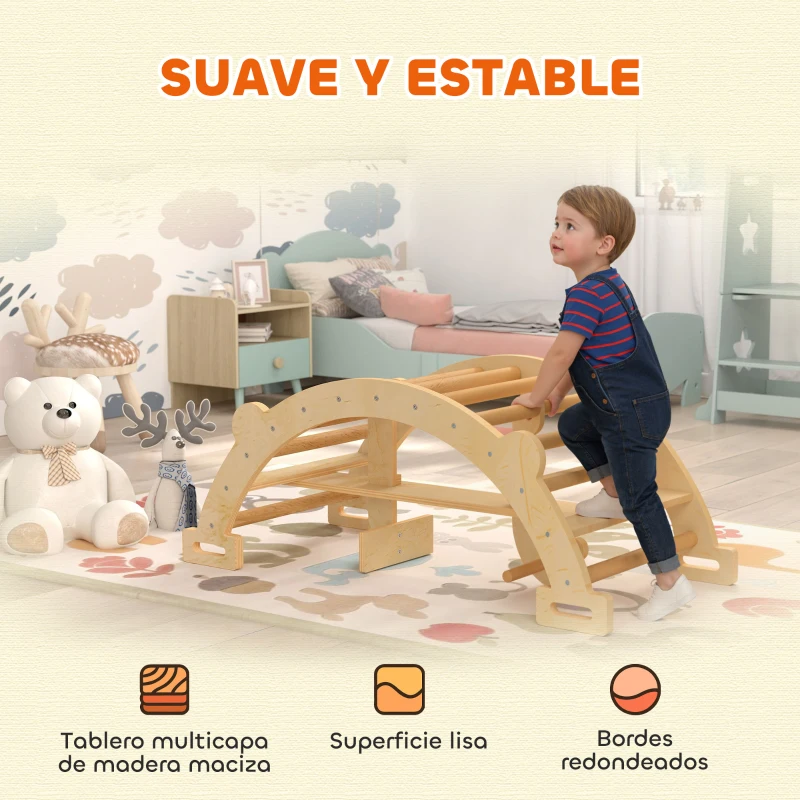 AIYAPLAY 2 en 1 Arco de Escalada de Madera y Caballito Balancín Estructura de Escalada Montessori para Niños de 2-4 Años Natural