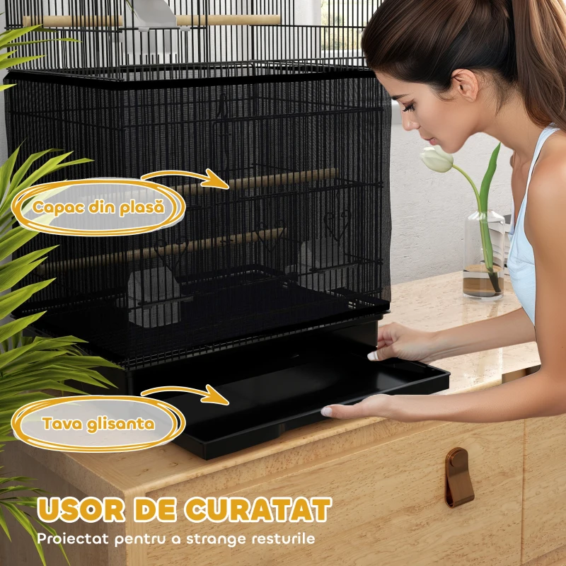 PawHut Colivie pentru pasari cu Stinghii, Leagan si boluri, Voliera din Metal si Plastic, 46.5x35.5x92 cm, Negru