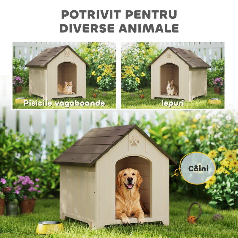 PawHut Căsuță pentru Câini de Exterior, Talie Medie și Mare, Căsuță din Plastic Impermeabilă cu Bază Ridicată, Ferestre și Acoperiș Înclinat pentru Grădină, Balcon, Terasă, 88x78x89 cm, Bej