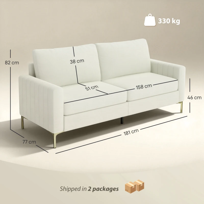 HOMCOM Sofá de 3 Lugares de 181 cm Estofado em Veludo com Almofadas Espessas Pernas de Metal Branco Creme