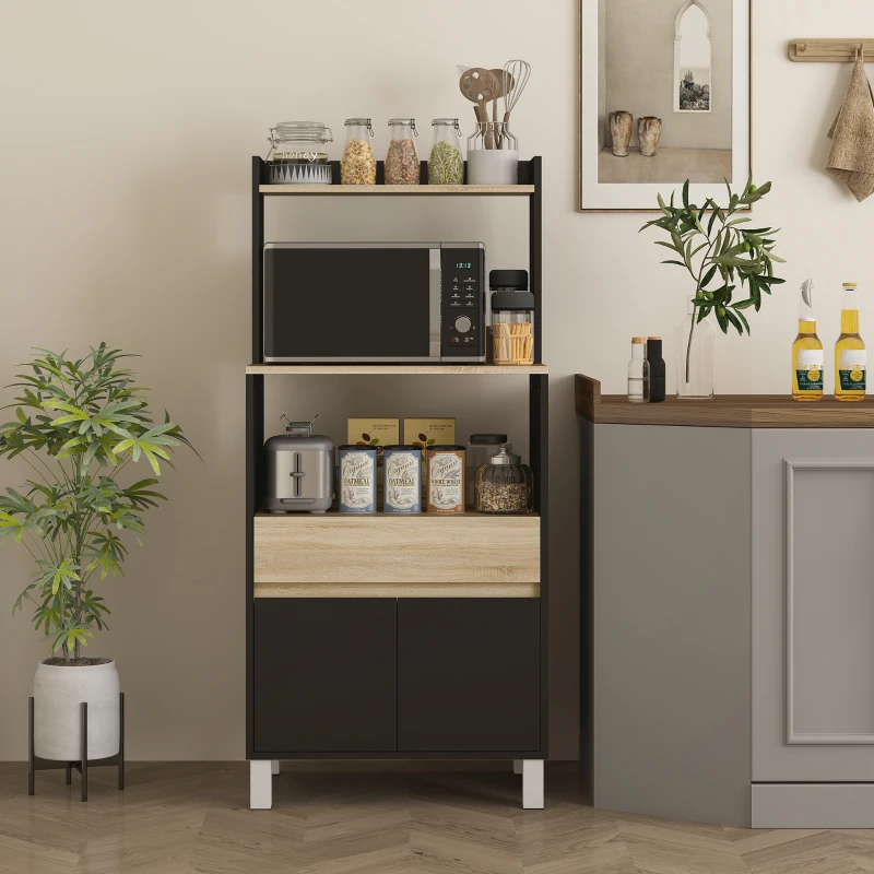 HOMCOM Meuble micro onde, buffet cuisine avec placard tiroir étagère supérieur, 60 x 40 x 131 cm chêne et noir