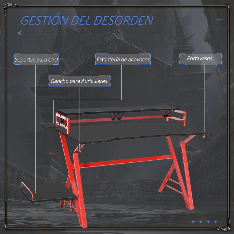 HOMCOM Mesa Gaming Ergonómica 120 cm Escritorio Gaming desk para Computadora PC con Estantes de Monitor y Ganchos para Auriculares Fibra de Carbono 168x66x92,5 cm Negro y Rojo