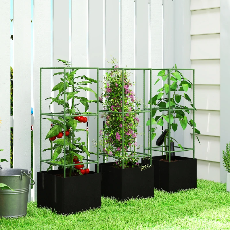Outsunny Lot de 3 cages à tomates carrées avec sacs de culture de 51,2 L, treillis pour fleurs, légumes, plantes grimpantes, vert