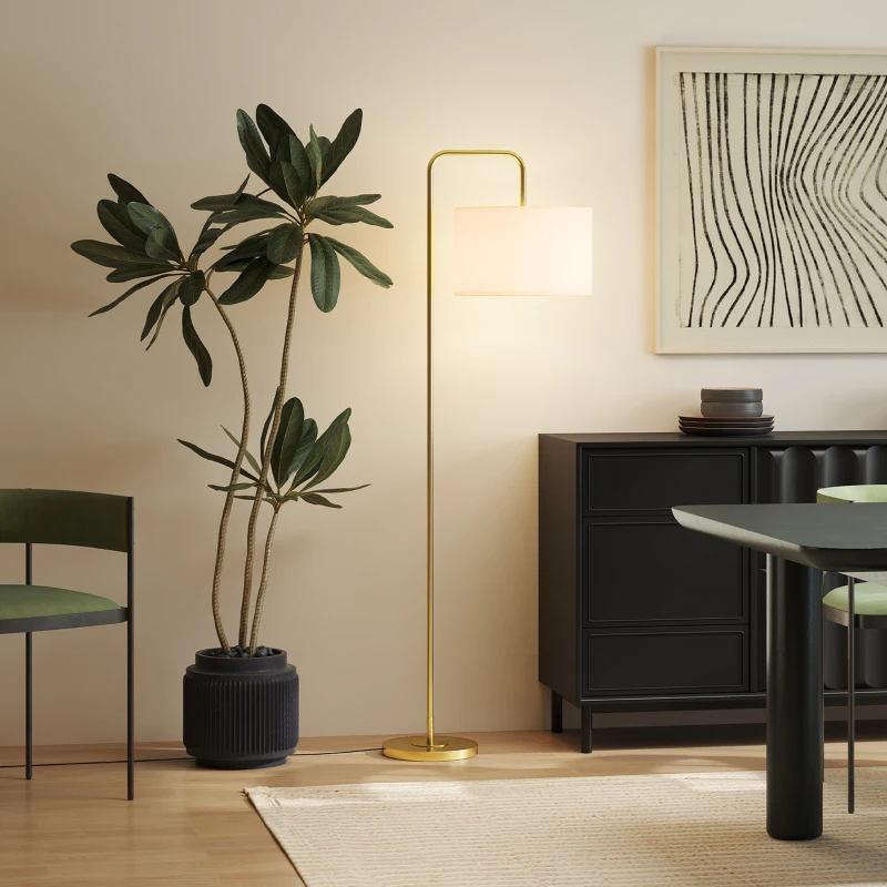 HOMCOM Lampadaire sur pied salon style moderne avec abat-jour aspect lin et interrupteur à pied 163,5 cm doré et blanc