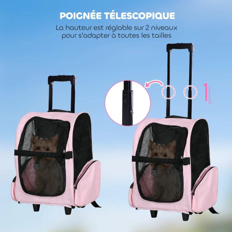 PawHut Sac de transport à roulettes pour chien 2 en 1 trolley chariot sac à dos pour chien chat avec poignée téléscopique, sacs de rangement, aérations, attache de sécurité, 42 x 25 x 55 cm, rose