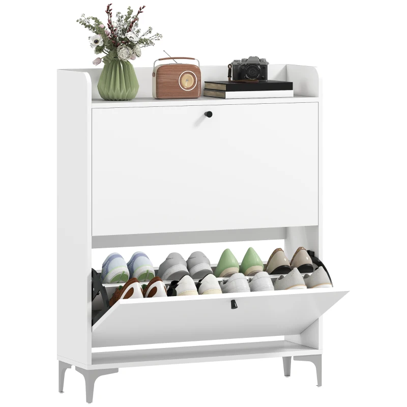 HOMCOM Dulap pentru Pantofi Slim cu 2 Uși Rabatabile, Rafturi Reglabile, Blat Superior și Bază Ridicată, Potrivit pentru 16 Perechi, PAL și Metal, 80x24x101 cm, Alb