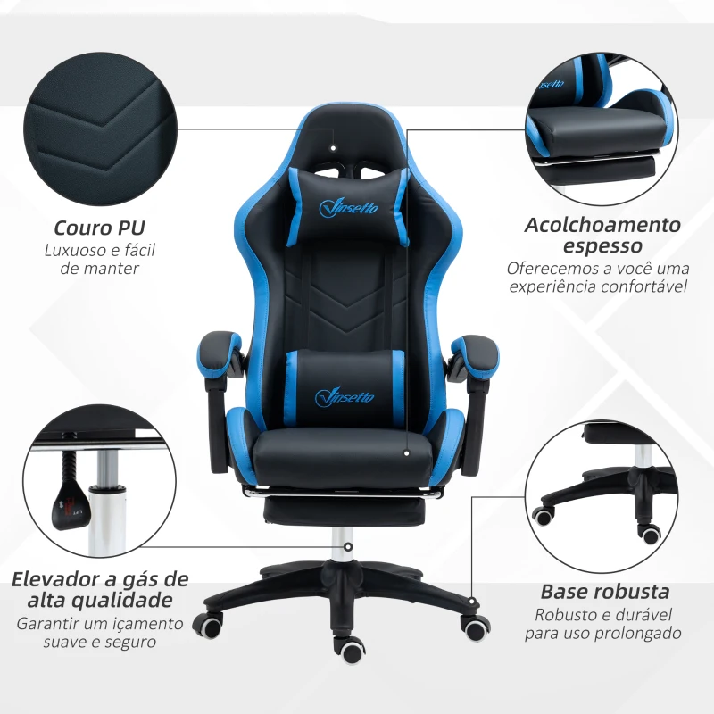 Vinsetto Cadeira Gaming Cadeira Gamer de Pele PU Reclinável 135° Apoio para a Cabeça e Apoio para os Pés 65x65x121-129 cm Preto e Azul