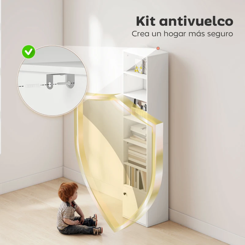 HOMCOM Librería de 7 Niveles Estantería para Libros Moderna con Estantes Abiertos y Puerta 40x30x180 cm Blanco