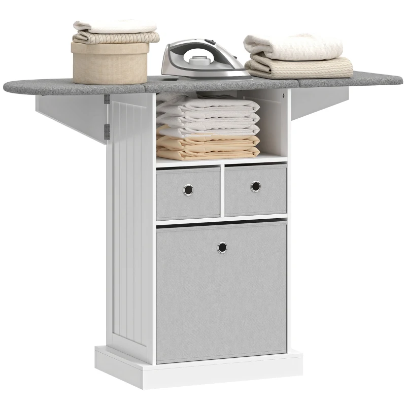 HOMCOM Mueble de Plancha con Ruedas Tabla de Planchar Plegable 3 Cajones de Tela 121x37x89,5 cm Blanco