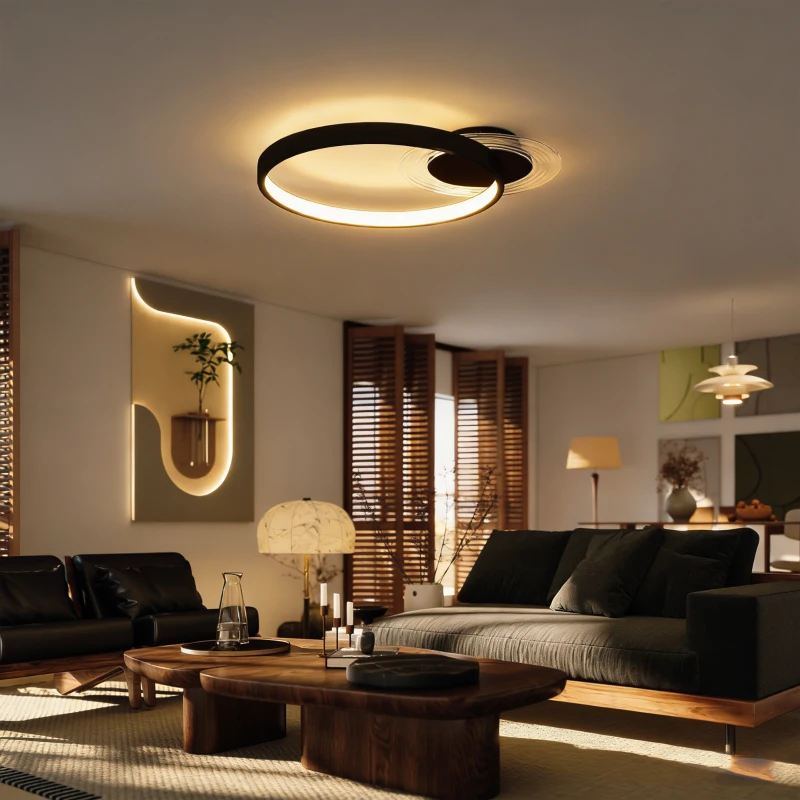 HOMCOM Lampă de tavan LED Modernă de 40W cu 2 Inele și Lumină Reglabilă, Negru