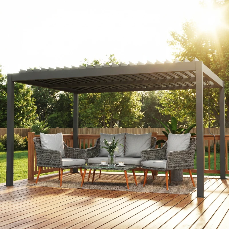 Outsunny Bioklimatische Pergola 4x3m, Aluminium-Pergola, verstellbare Lamellen, Kurbel, Sonnenschutz, wasserdicht, dunkelgrau