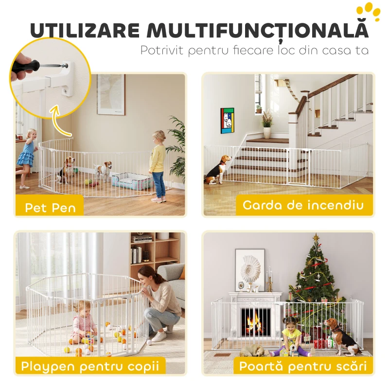 PawHut Gard pentru Câini cu 8 Panouri Modulabile cu Închidere Automată, din Oțel și ABS, 61x3x75 cm, Alb