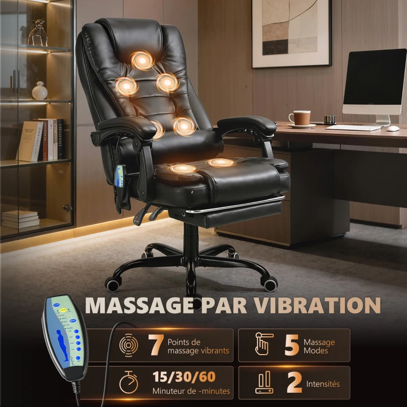 Vinsetto Fauteuil de bureau massant, chaise de bureau, chaise ergonomique avec hauteur réglable, dossier inclinable et télécommande filaire, repose-pieds rétractable et pivotant à 360°, noir(m-4)