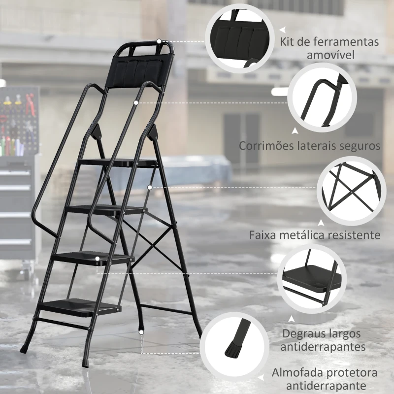 HOMCOM Escada Dobrável com 4 Degraus Apoio para os Braços e Suporte para Ferramentas 50x83x157,5 cm Preto